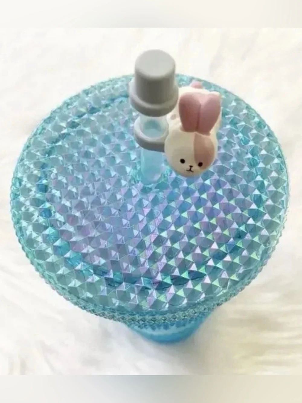 NWT Starbucks China Blue Iridescent Studded Tumbler 24oz Venti Cup Bunny Topper